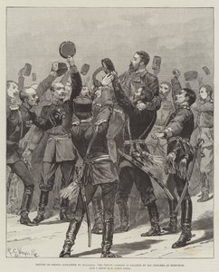 Rückkehr von Prinz Alexander nach Bulgarien, der Prinz wird in Rustchuk von seinen Offizieren im Triumph getragen